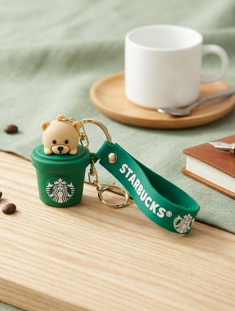 Starbucks Green Cup Keychain with Bear Charm and Branded Strap